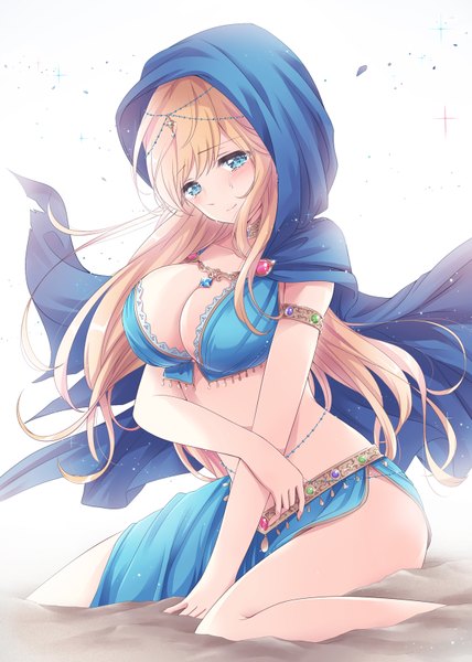 Anime picture 1200x1680 with original nanashiki fuuka single long hair tall image looking at viewer blush breasts blue eyes light erotic simple background blonde hair smile large breasts sitting cleavage tears side slit sand happy tears