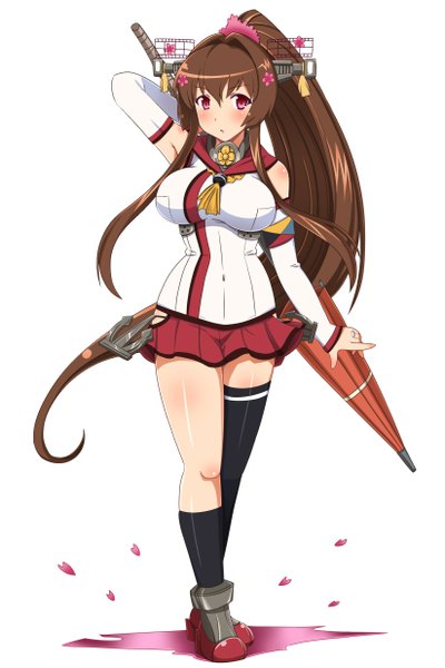 Anime picture 823x1234 with kantai collection yamato super battleship shin'en (gyokuro company) single long hair tall image blush simple background brown hair white background ponytail pink eyes hair flower closed umbrella girl thighhighs skirt hair ornament flower (flowers) black thighhighs