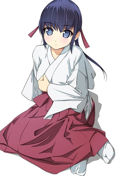 Anime picture 800x1200 with original matsunaga kouyou single long hair tall image blue eyes black hair simple background white background traditional clothes japanese clothes miko girl