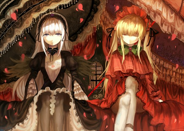 Anime picture 1100x781 with rozen maiden suigintou shinku xiay long hair blonde hair red eyes sitting multiple girls white hair one eye closed wink loli silver eyes lolita fashion girl dress 2 girls petals wings