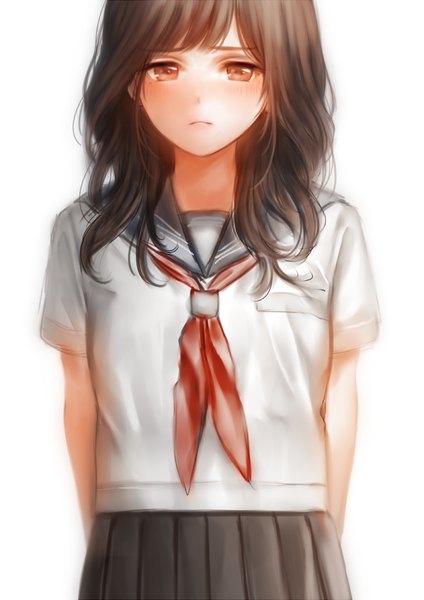 Anime picture 619x876 with original nishizawa single long hair tall image looking at viewer blush fringe breasts brown hair white background brown eyes pleated skirt lips hands behind back girl skirt uniform serafuku