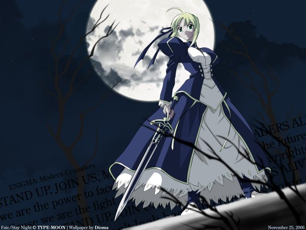 Anime picture 1600x1200 with fate (series) fate/stay night studio deen type-moon artoria pendragon (all) saber single long hair blonde hair green eyes night girl ribbon (ribbons) hair ribbon sword full moon