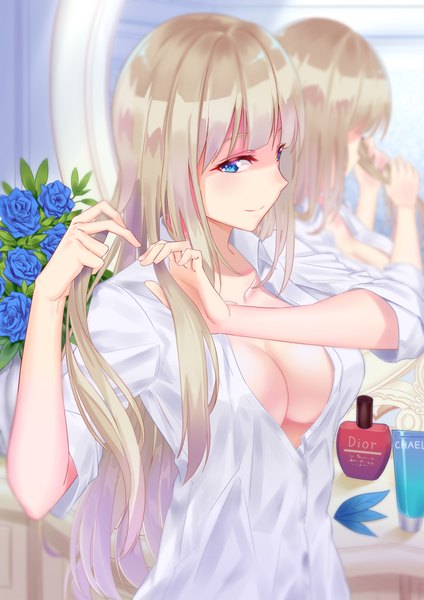 Anime picture 1500x2121 with warship girls r lexington (warship girls r) 5plus single long hair tall image breasts blue eyes light erotic looking away white hair girl flower (flowers) shirt