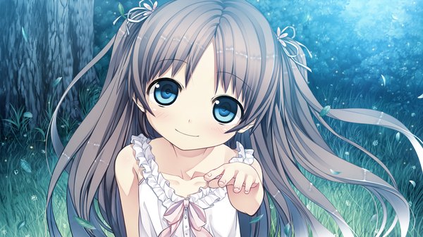 Anime picture 2560x1440 with monobeno sawai natsuha cura single long hair looking at viewer blush highres blue eyes smile brown hair wide image twintails game cg loli girl leaf (leaves) sundress