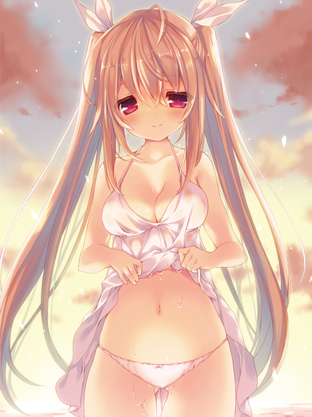 Anime picture 1237x1657 with dengeki moeou p19 single long hair tall image blush fringe light erotic smile hair between eyes brown hair purple eyes twintails sky cloud (clouds) ahoge blurry thigh gap ass visible through thighs wet clothes