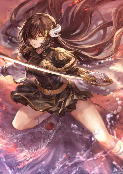 Anime picture 1302x1842 with azur lane mikasa (azur lane) mashuu (neko no oyashiro) single long hair tall image looking at viewer fringe breasts hair between eyes brown hair holding yellow eyes bent knee (knees) long sleeves very long hair parted lips pleated skirt horn (horns) wind