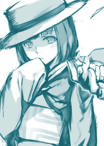Anime picture 573x800 with original sasaoka gungu tall image looking at viewer fringe short hair long sleeves traditional clothes japanese clothes wide sleeves holding hands monochrome solo focus outstretched hand hand to mouth sketch girl hat obi yukata