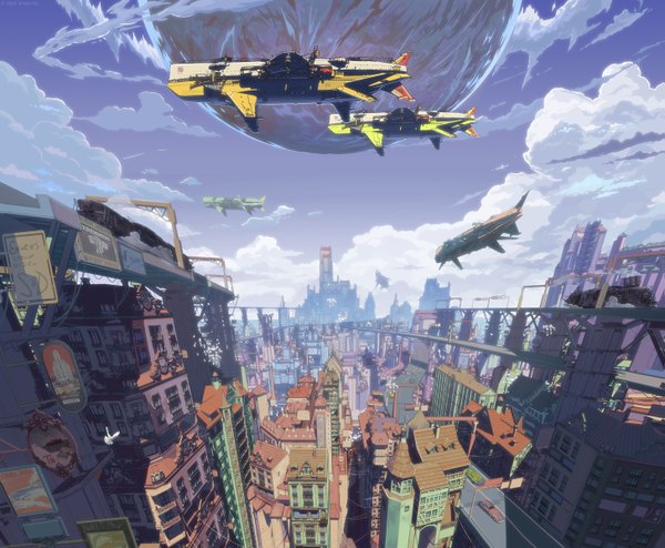 Anime picture 1455x1200 with original arsenixc sky cloud (clouds) city no people landscape scenic futuristic animal bird (birds) building (buildings) planet aircraft train airship