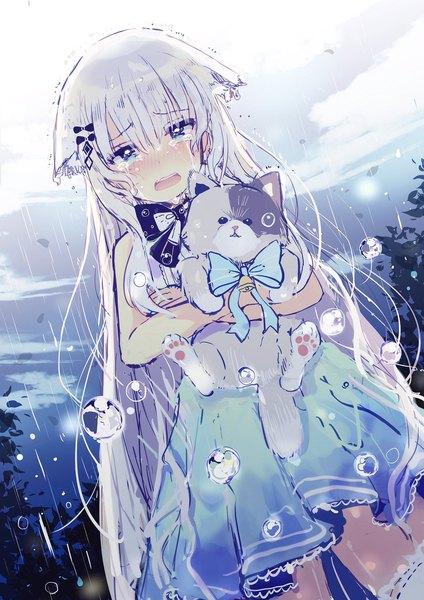 Anime picture 1448x2048 with original sakura oriko single tall image looking at viewer fringe open mouth hair between eyes standing holding animal ears cloud (clouds) white hair very long hair cat ears from below cat girl zettai ryouiki tears rain