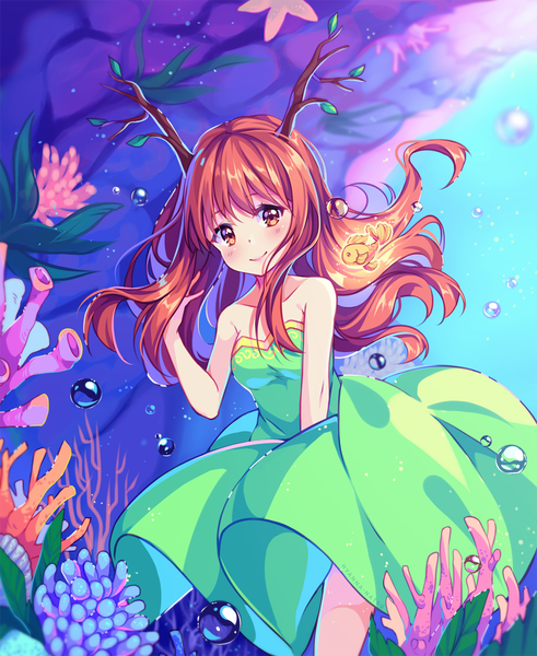 Anime picture 982x1200 with original hyanna-natsu single long hair tall image looking at viewer blush fringe smile brown hair brown eyes horn (horns) sleeveless floating hair underwater rock antlers girl dress animal