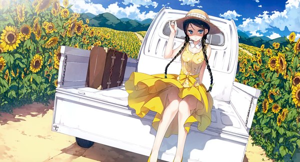 Anime picture 4627x2500 with original miyaguchi hiromi kantoku single long hair looking at viewer blush highres blue eyes black hair wide image sitting twintails absurdres sky cloud (clouds) braid (braids) scan official art girl