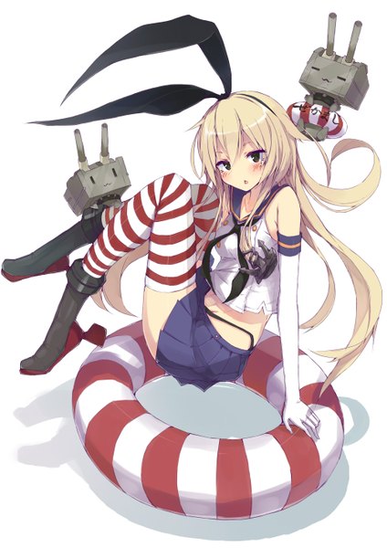 Anime picture 999x1412 with kantai collection shimakaze destroyer rensouhou-chan yuui hutabakirage long hair tall image looking at viewer blush open mouth blonde hair simple background white background brown eyes full body girl thighhighs gloves bow weapon hair bow