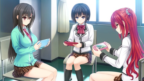 Anime picture 1280x720 with semiramis no tenbin kamio ami arishima mayu hirose mizuki long hair short hair blue eyes black hair red eyes wide image sitting multiple girls game cg red hair girl skirt uniform school uniform socks black socks