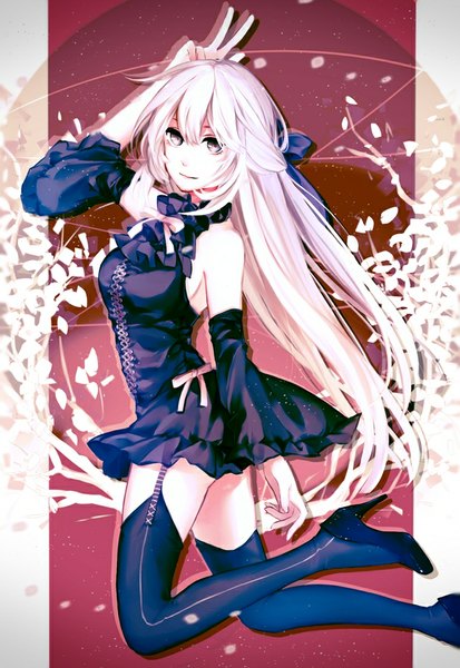 Anime picture 689x1000 with original e (a92157) single long hair tall image looking at viewer fringe breasts smile bare shoulders white hair grey eyes high heels pink background lacing girl thighhighs bow ribbon (ribbons) hair ribbon