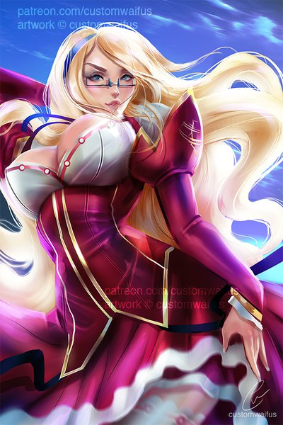 Anime picture 600x900 with freezing satellizer el bridget custom waifus single tall image looking at viewer breasts blue eyes light erotic blonde hair large breasts standing signed sky cleavage very long hair lips blurry puffy sleeves watermark