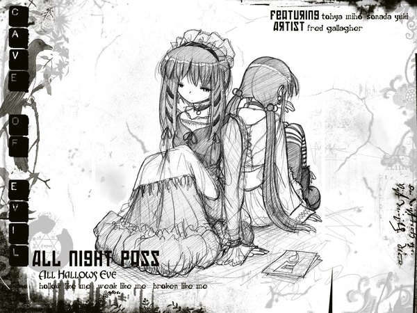 Anime picture 1152x864 with megatokyo tohya miho sonoda yuki fred gallagher long hair sitting twintails multiple girls signed full body character names low twintails sleeves past wrists monochrome third-party edit back to back girl thighhighs dress 2 girls