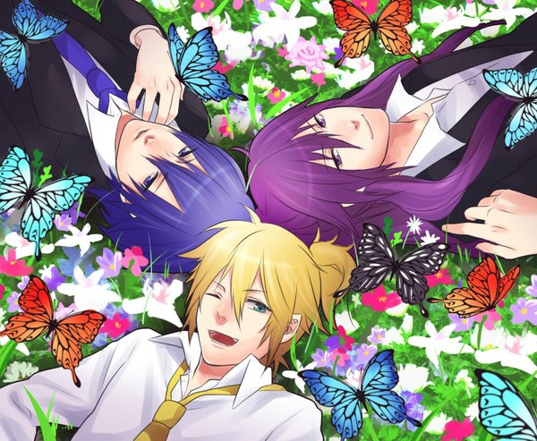 Anime picture 1000x823 with vocaloid kagamine len kaito (vocaloid) kamui gakupo long hair looking at viewer short hair open mouth blue eyes blonde hair smile purple eyes green eyes blue hair purple hair lying one eye closed aqua eyes light smile wink