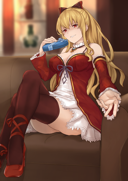 Anime picture 878x1239 with granblue fantasy vira lilie terry single long hair tall image looking at viewer fringe breasts open mouth light erotic blonde hair smile hair between eyes red eyes large breasts sitting bare shoulders holding payot
