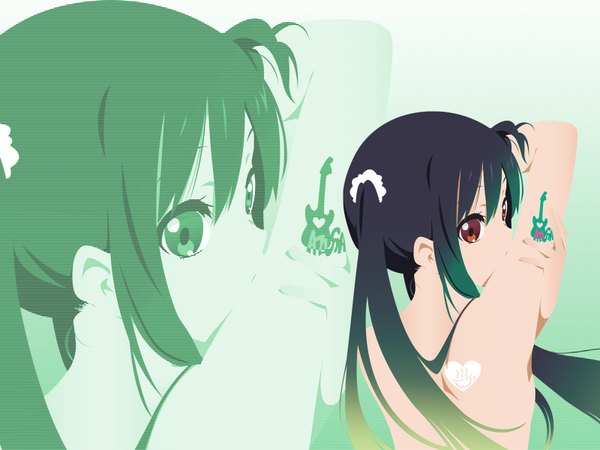 Anime picture 1600x1200 with k-on! kyoto animation nakano azusa single long hair black hair twintails brown eyes looking back from behind tattoo topless girl