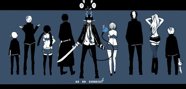 Anime picture 1820x875 with ao no exorcist a-1 pictures okumura rin okumura yukio moriyama shiemi shima renzou kamiki izumo suguro ryuuji miwa konekomaru kuro (ao no exorcist) kirigakure shura takara utm long hair looking at viewer highres short hair black hair blonde hair simple background