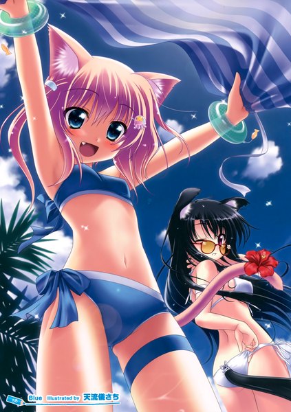 Anime picture 2468x3500 with original amarugi sachi long hair tall image blush highres short hair open mouth blue eyes light erotic black hair red eyes multiple girls animal ears pink hair cloud (clouds) animal tail one eye closed wink cat ears