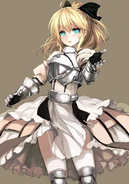 Anime picture 560x800 with fate (series) fate/unlimited codes type-moon artoria pendragon (all) saber lily zen33n single long hair tall image looking at viewer fringe open mouth simple background blonde hair standing ponytail outstretched arm girl thighhighs dress
