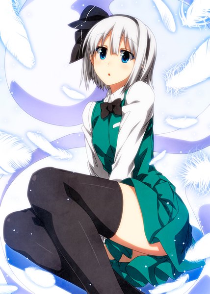 Anime picture 800x1120 with touhou konpaku youmu sazanami mio single tall image looking at viewer short hair blue eyes white hair girl thighhighs dress skirt black thighhighs feather (feathers) skirt set