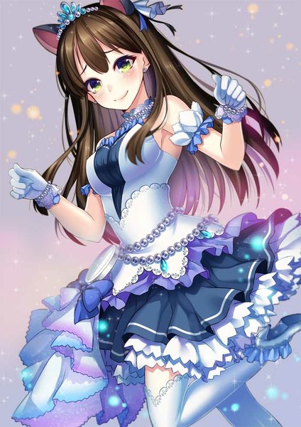 Anime picture 693x980 with idolmaster idolmaster cinderella girls idolmaster cinderella girls starlight stage shibuya rin abondz single long hair tall image blush fringe smile brown hair bare shoulders green eyes animal ears bent knee (knees) cat ears sparkle from below fake animal ears