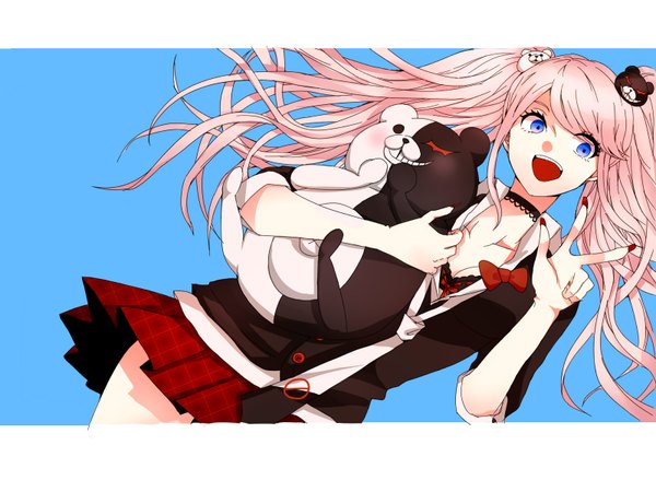 Anime picture 1600x1200 with dangan ronpa enoshima junko monokuma tagme (artist) single long hair blush fringe breasts open mouth blue eyes simple background smile large breasts twintails holding pink hair cleavage nail polish fingernails
