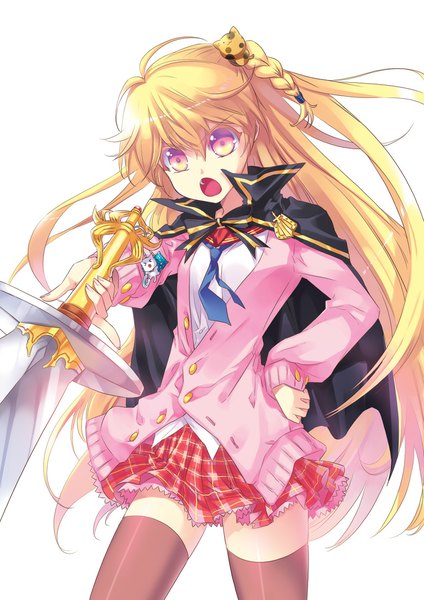 Anime picture 827x1170 with original cu-rim single long hair tall image open mouth blonde hair white background yellow eyes multicolored eyes girl thighhighs dress hair ornament weapon sword
