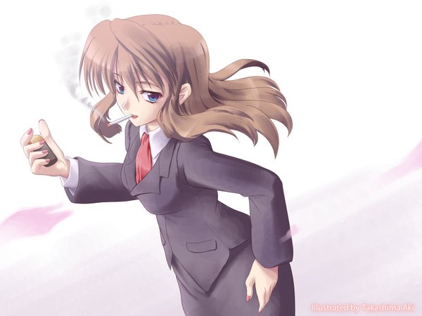 Anime picture 1600x1200 with original takashima aki long hair looking at viewer blue eyes brown hair nail polish wallpaper smoke smoking girl uniform suit cigarette lighter