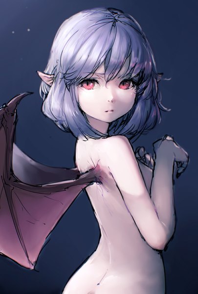Anime picture 787x1165 with touhou remilia scarlet junwool single tall image short hair light erotic simple background red eyes purple hair looking back pointy ears bat wings girl wings