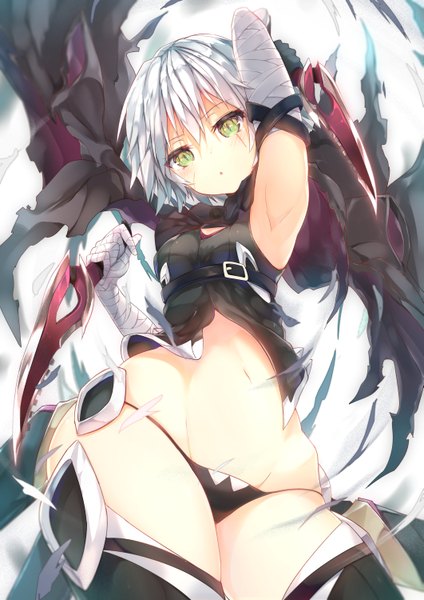Anime picture 1061x1500 with fate (series) fate/apocrypha jack the ripper (fate/apocrypha) sune (mugendai) single tall image looking at viewer fringe short hair light erotic simple background hair between eyes white background holding green eyes silver hair parted lips arm up blurry :o