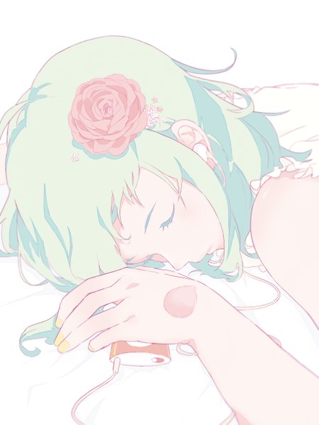 Anime picture 1943x2591 with vocaloid gumi taisos single tall image fringe highres short hair simple background white background bare shoulders ahoge lying eyes closed nail polish hair flower green hair sleeveless close-up face
