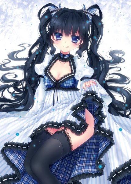 Anime picture 1072x1500 with original mikazuki sara long hair tall image blue eyes light erotic black hair twintails very long hair :p girl thighhighs dress bow black thighhighs hair bow frills
