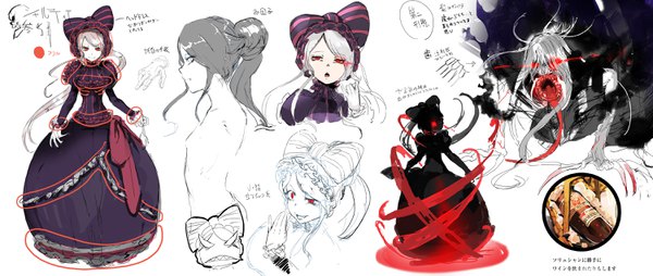 Anime picture 3000x1273 with overlord (maruyama) madhouse shalltear bloodfallen so-bin long hair looking at viewer highres open mouth red eyes wide image white background ponytail grey hair official art teeth glowing glowing eye (eyes) slit pupils lolita fashion goth-loli