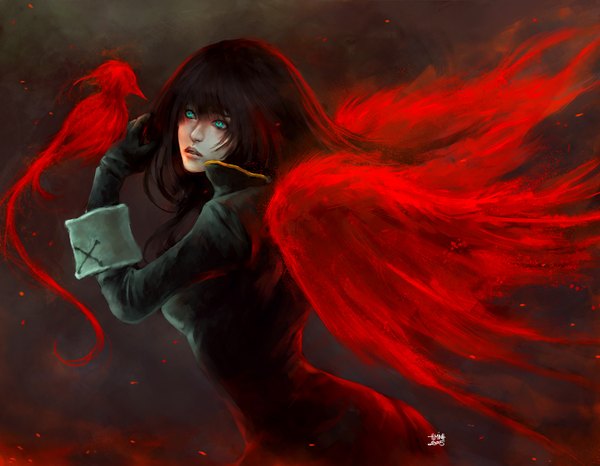 Anime picture 1450x1128 with nanfe long hair looking at viewer fringe black hair simple background green eyes red hair parted lips multicolored hair dark background gradient hair girl gloves wings black gloves phoenix