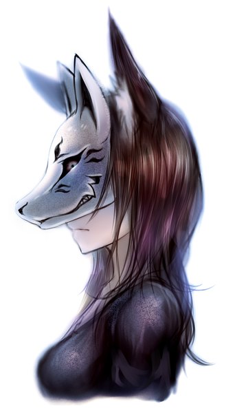 Anime picture 1000x1750 with original suke single long hair tall image simple background brown hair white background animal ears upper body profile fox ears fox girl pale skin glow no face girl mask fox mask
