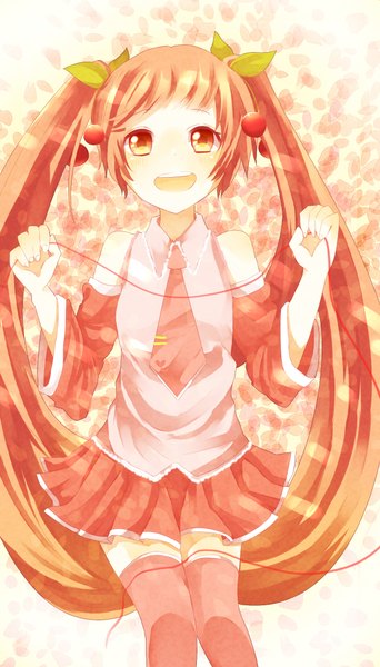 Anime picture 1280x2240 with vocaloid hatsune miku sakura miku miyontouita single long hair tall image looking at viewer open mouth smile twintails yellow eyes zettai ryouiki girl thighhighs skirt bow hair bow necktie