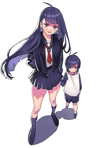 Anime picture 2051x3153 with original arutera long hair tall image looking at viewer blush highres open mouth simple background red eyes white background purple hair ahoge mole mole under eye hand in pocket girl boy serafuku child (children)