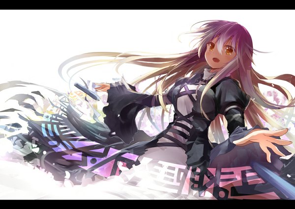 Anime picture 1125x800 with touhou hijiri byakuren efe single long hair blush open mouth simple background white background yellow eyes purple hair spread arms girl dress sorcerer's sutra scroll