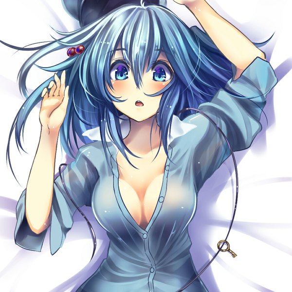 Anime picture 900x900 with touhou kawashiro nitori monikano single long hair looking at viewer blush fringe breasts open mouth blue eyes light erotic blue hair lying open clothes open shirt embarrassed girl hat shirt