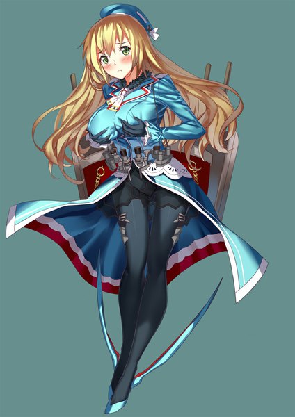 Anime picture 800x1131 with kantai collection atago heavy cruiser miyazaki byou single long hair tall image blush breasts simple background blonde hair green eyes breast grab girl dress gloves weapon pantyhose beret