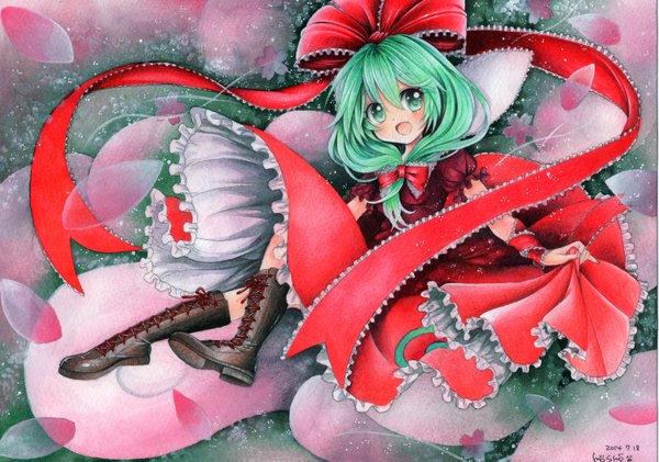 Anime picture 1500x1053 with touhou kagiyama hina mosho single long hair looking at viewer blush open mouth green eyes signed green hair traditional media watercolor (medium) girl dress bow ribbon (ribbons) hair bow petals boots