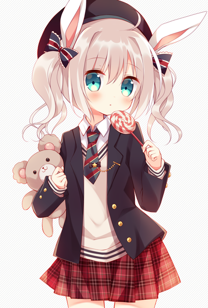 Anime picture 1377x2039 with original hoshi (snacherubi) tall image looking at viewer blush fringe short hair blue eyes hair between eyes brown hair white background holding animal ears pleated skirt aqua eyes :o bunny ears plaid skirt striped background girl