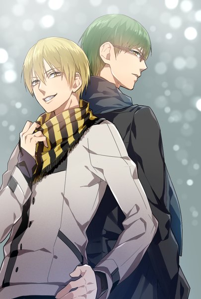 Anime picture 1181x1748 with kuroko no basket production i.g kise ryouta midorima shintarou tayuya1130 tall image fringe short hair blonde hair smile yellow eyes green hair lips multiple boys from below hand on hip snowing winter back to back clenched teeth