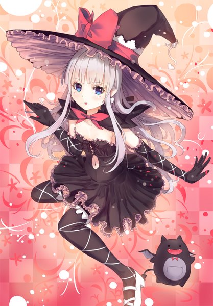 Anime picture 1024x1474 with shining (series) shining hearts melty de granite culter single long hair tall image blush open mouth blue eyes white hair loli witch girl thighhighs dress gloves bow black thighhighs hat