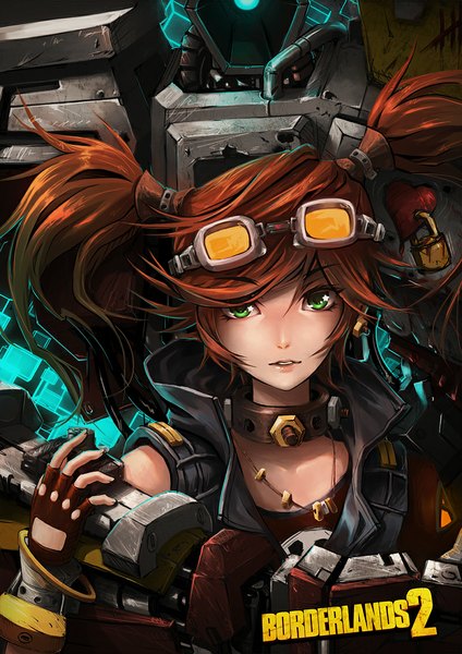 Anime picture 800x1131 with borderlands borderlands 2 gaige krit single long hair tall image looking at viewer fringe open mouth brown hair twintails green eyes girl gloves hair ornament choker glasses heart fingerless gloves
