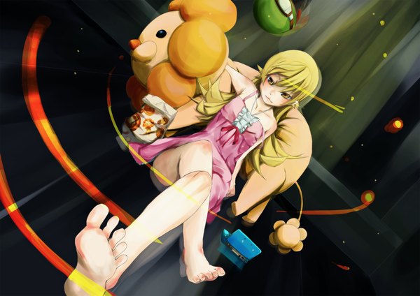 Anime picture 2339x1653 with bakemonogatari nisemonogatari shaft (studio) nintendo monogatari (series) oshino shinobu fu-ta single long hair looking at viewer blush highres blonde hair yellow eyes barefoot legs girl toy stuffed animal sundress