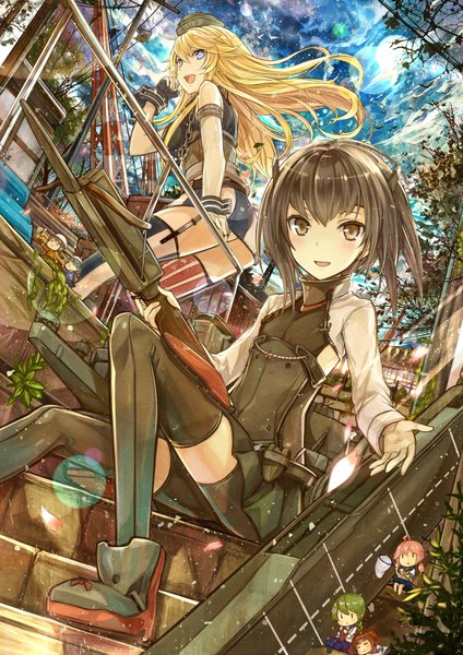 Anime picture 1500x2121 with kantai collection taihou armored aircraft carrier iowa (kantai collection) fairy (kantai collection) kazabana fuuka long hair tall image looking at viewer blush short hair open mouth blue eyes blonde hair brown hair sitting multiple girls holding yellow eyes sky cloud (clouds)